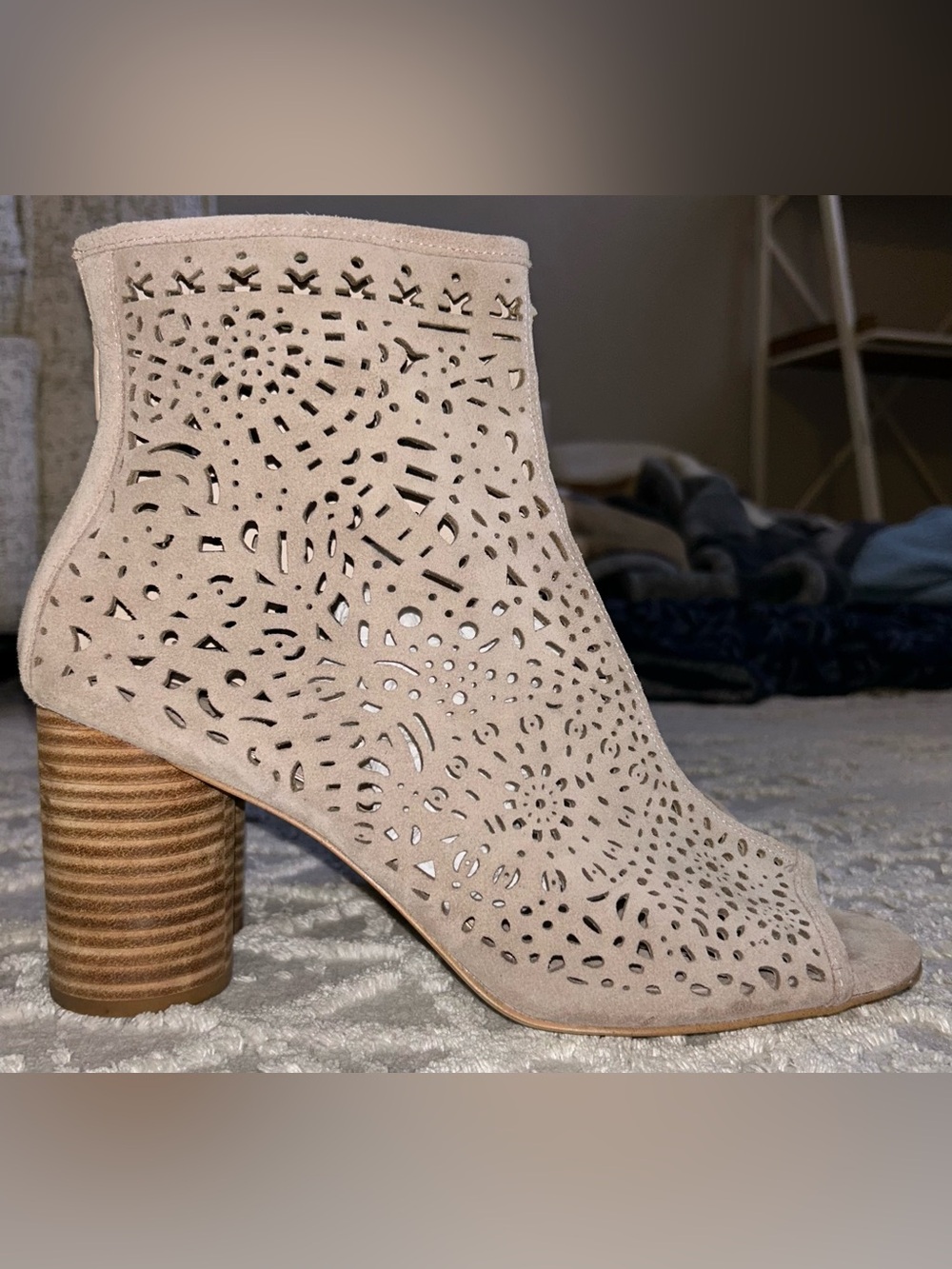 Gianni Bini Beige Laser-Cut Suede Peep-Toe Booties